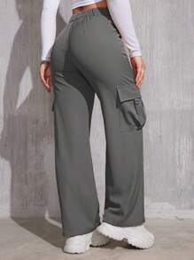 Flap Pocket Solid Color Cargo Pants, Y2K Slant Pocket Button Front Every Day Pants, Women's Clothing - Dark Grey - View 5