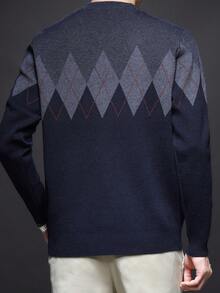 男士厚圆领毛衣，商务休闲提花针织长袖上衣，百搭叠穿单品，格子条纹图案，秋冬