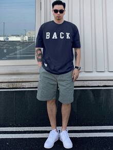 Camiseta azul marino con estampado de letras para hombre, verano, camisetas con gráficos - Azul Marino - Ver 5