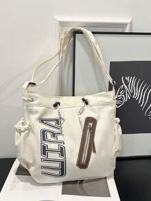 新款春夏纯色尼龙印花字母装饰大容量托特包女单肩斜挎学生包 - 米色 - 查看 3