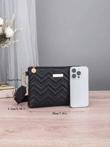 Bolso de mujer de moda con pespunte, bolso bandolera, embrague, bolso sobre, decoración metálica rectangular, para uso diario - Negro - Ver 5