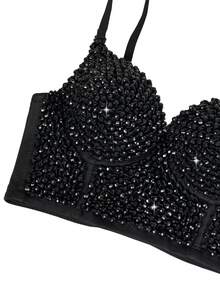 Black Beaded Handmade Fishbone Punk Style Women's Corset Camisole, With Padded Cups, Gothic Corset Bra - Black - View 5