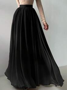 Falda maxi elegante de mujer de gasa de malla sólida negra con pliegues, ideal para festivales de música, fiestas, uso diario de chicas jóvenes, sesiones de fotos en la playa y vacaciones, atuendo casual de oficina para primavera/verano - Negro - Ver 3