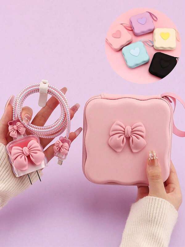6 pièces Étui protecteur de câble de couleur bonbon mignon en forme de nœud, sac de rangement de câble, boîte de rangement d'accessoires numériques, pochette zippée antichoc, compatible avec le chargeur rapide 20W pour iPhone