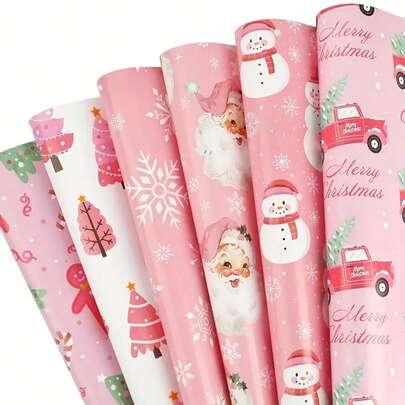12pcs Premium Quality Assorted Pattern Christmas Wrapping Paper, Gift Wrap, Cover Paper, Pink