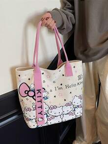 Sanrio 1pc Hello Kitty Canvas Bag For Women, Large Capacity Single Shoulder Handbag, Cartoon Cute Commuter Bag, Fashionable And Versatile Shopping Bag, Student Commuter Bag, Large Capacity Mommy Bag, Lightweight Single Shoulder Bag