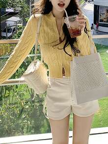 韩版甜美复古双拉链麻花针织开衫 - 黃色 - 查看 3