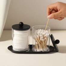 Qtip Holder Dispenser With Tray Bathroom Jar Storage Organization Acrylic Apothecary Jars Canisters , Cotton Ball Qtip Holder Bathroom Set With Black Lids For Cotton Swab Halloween Storage