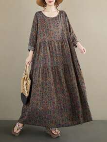 AZAH Festival de Primavera Chino, Tops 2026, Vestido Largo de Otoño, Vestido Suelto Plisado de Cuello Redondo y Manga Larga de Otoño, Vestido Casual Bohemio de Vacaciones Diarias, Vestido Retro de Talla Grande para Mujer, Un Vestido, Estampado Aleatorio - Café integral - Ver 2