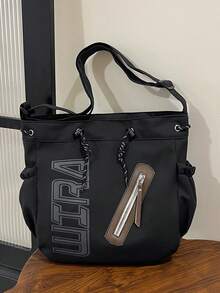 Túi tote vải nylon trơn in chữ trang trí dung tích lớn mới cho mùa xuân/hè, túi đeo chéo cho nữ, túi học sinh - màu đen - Xem 4
