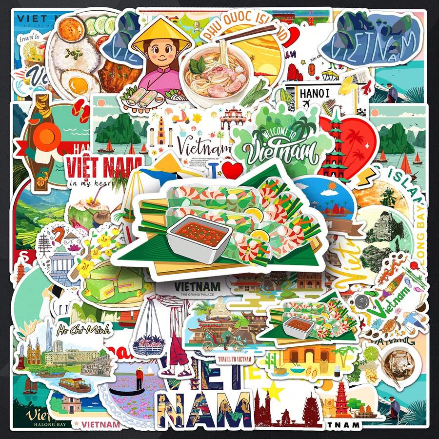 50pcs Vietnamese Cuisine Spring Roll Cartoon Creative DIY Luggage Notebook Decorative Stickers - Multicolor - View 1