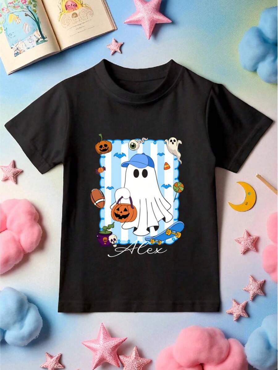 Personalized Halloween Kids Name Shirt, Custom Halloween Ghost Pumpkin T-Shirt, Spooky Season Halloween Boys Tee, Halloween Pumpkin Coquette Bow Youth Sweatshirt. CU-93 - 黑色 - 查看 1