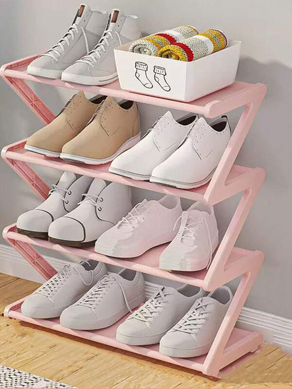 1 szt. Różowo-biało-czarny, czterowarstwowy, duży stojak na buty w kształcie litery Z. Można go łatwo zmontować bez użycia narzędzi. To składany organizer do przechowywania, odpowiedni do domów, akademików i salonów. Posiada oszczędzającą miejsce konstrukcję podłogi i jest organizerem do przechowywania butów.