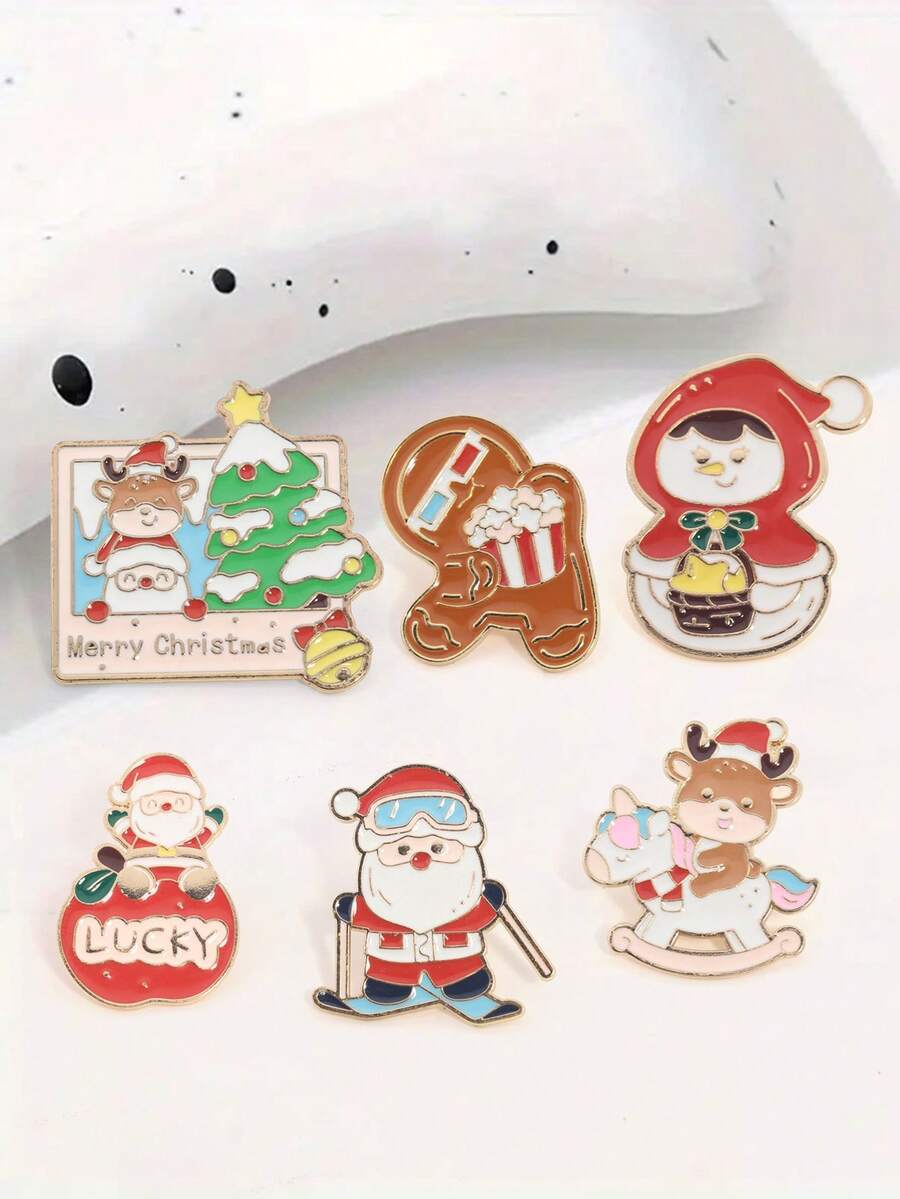 1/6pcs Cartoon Series Brooch, Santa Claus, Bell, Snowman Decor For Clothes, Bags, Accessories Halloween Halloween Accessories Teachers Day00 Jewelry Costume Accessories Bag Charms Office Accessories Christmas Gift