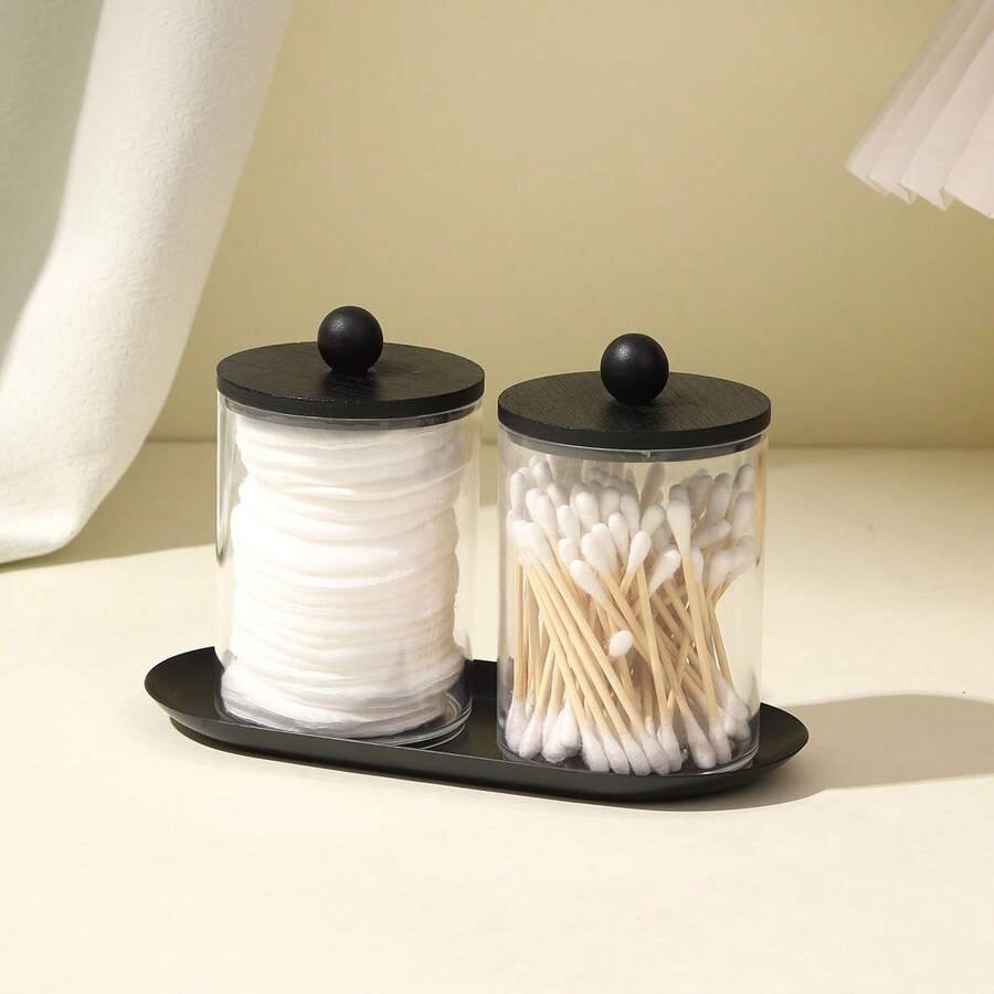 Qtip Holder Dispenser With Tray Bathroom Jar Storage Organization Acrylic Apothecary Jars Canisters , Cotton Ball Qtip Holder Bathroom Set With Black Lids For Cotton Swab Halloween Storage