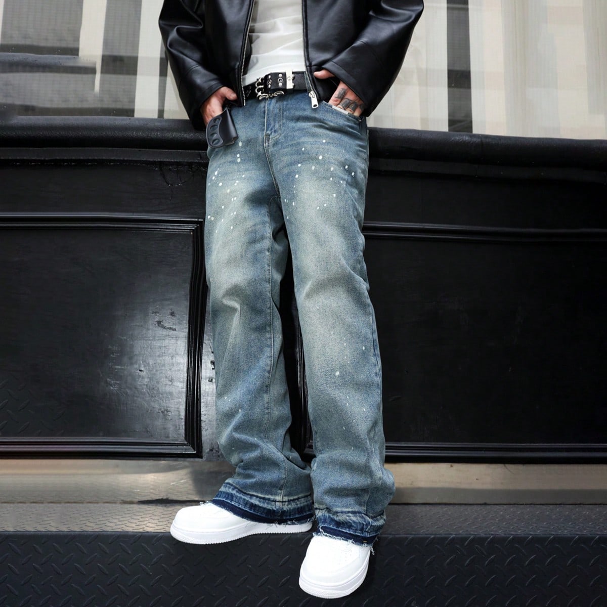 Jeans acampanados, jeans de mezclilla elástica, jeans ajustados, jeans de mezclilla desgastados y lavados, producto de algodón versátil y de moda,