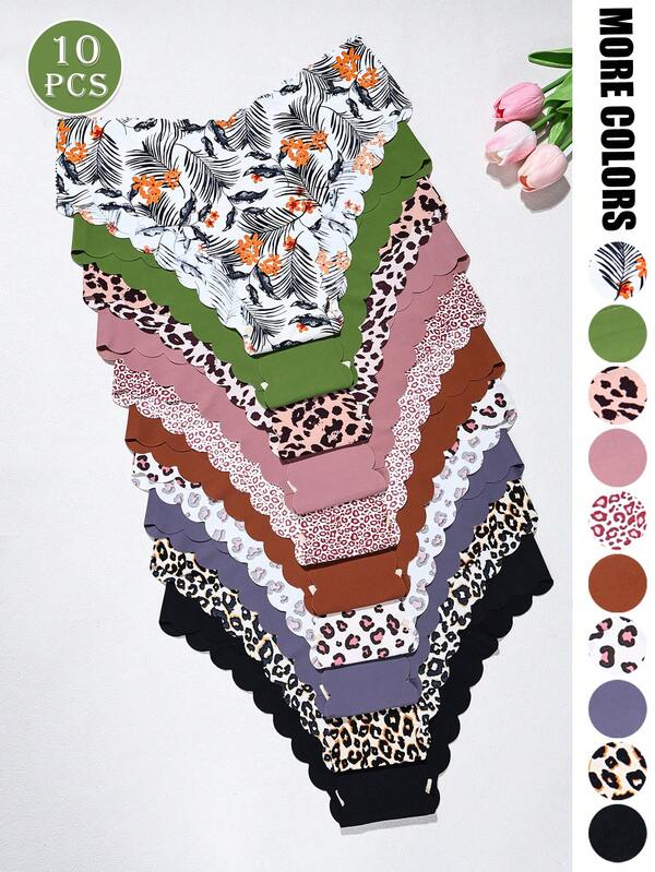 Paquete de 10 bragas sin costuras para mujer con borde ondulado escalonado, de nailon y spandex transpirable, con talla grande de 10 diseños (estampados tropicales/leopardo/florales y lisos) para comodidad todo el día, moda, yoga y fitness