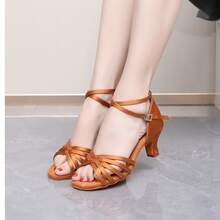 Ladies' Black Mid Heeled Latin Dance Shoes, Classic Five Weave Upper, Ladies' Summer Sandals, High Heels Dance Shoes, Latin Dance Shoes Satin Professional Banquet Party Wedding Jazz Rumba Tango Salsa Practice Performance Dance Shoes Indoor Sandals - Brown - View 4