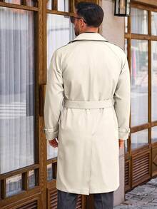 Runcati Mens Coat Double Breasted Long Casual Windbreaker Notched Lapel Belted Overcoat - Màu be - Xem 5