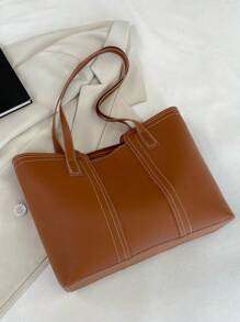 Fashionable & Versatile Simple Stitching Tote Bag - Brown - View 4