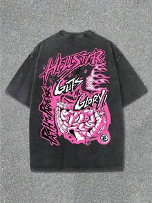 Uaddw Brand Y2k Retro Washed Cotton Double-Sided Fun Men's T-Shirt: Pink Punk Rebel Street Gatherings And Music Festivals - Suitable For Casual Wear, Street Fashion Parties And A Youthful Atmosphere, Men's T-Shirt With Street Style - màu đen - Xem 2