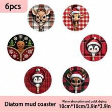 1set/4pcs/6pcs/300pcs Christmas Deer With Holly Berries Plaid Pattern Diatom Mud Coasters, Coffee Coasters, Home And Restaurant Multi-Occasion Decorations, Daily Gifts, Table Decorations, Daily Decorations, Theme Party Decorations