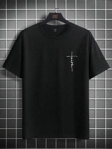 Manfinity Homme Camiseta informal de verano para hombre de manga corta con estampado de letras y cuello redondo - Negro - Ver 3