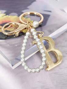 高级优雅金色珍珠字母钥匙扣，字母A-Z立体吊坠，优雅珍珠链闪钻（可根据个人喜好拆卸）时尚合金钥匙扣圈，耳机挂件，背包吊饰汽车钥匙扣 - 金色 - 查看 2
