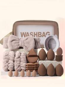 50件套棕色专业化妆工具套装，大容量化妆包套装，包含：1个化妆包、25支化妆刷、1个发带、2个腕带、5个水滴形化妆海绵、5个三角粉扑、5个迷你水滴形化妆海绵、5个迷你指套粉扑、1个清洁工具，适用于液体彩妆、粉状彩妆和遮瑕膏，旅行化妆刷套装，适合女性和女孩。