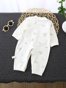 Baby Boy Cute Cartoon Print Front Button Romper, Infant Clothing Suitable For Spring And Autumn Seasons