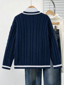 1 buah Atasan Kasual Serbaguna Nyaman Leher V untuk Anak Perempuan, Cocok untuk Aktivitas Luar Ruangan, Perjalanan, Pesta, Musim Gugur/Dingin - Navy Blue - View 7