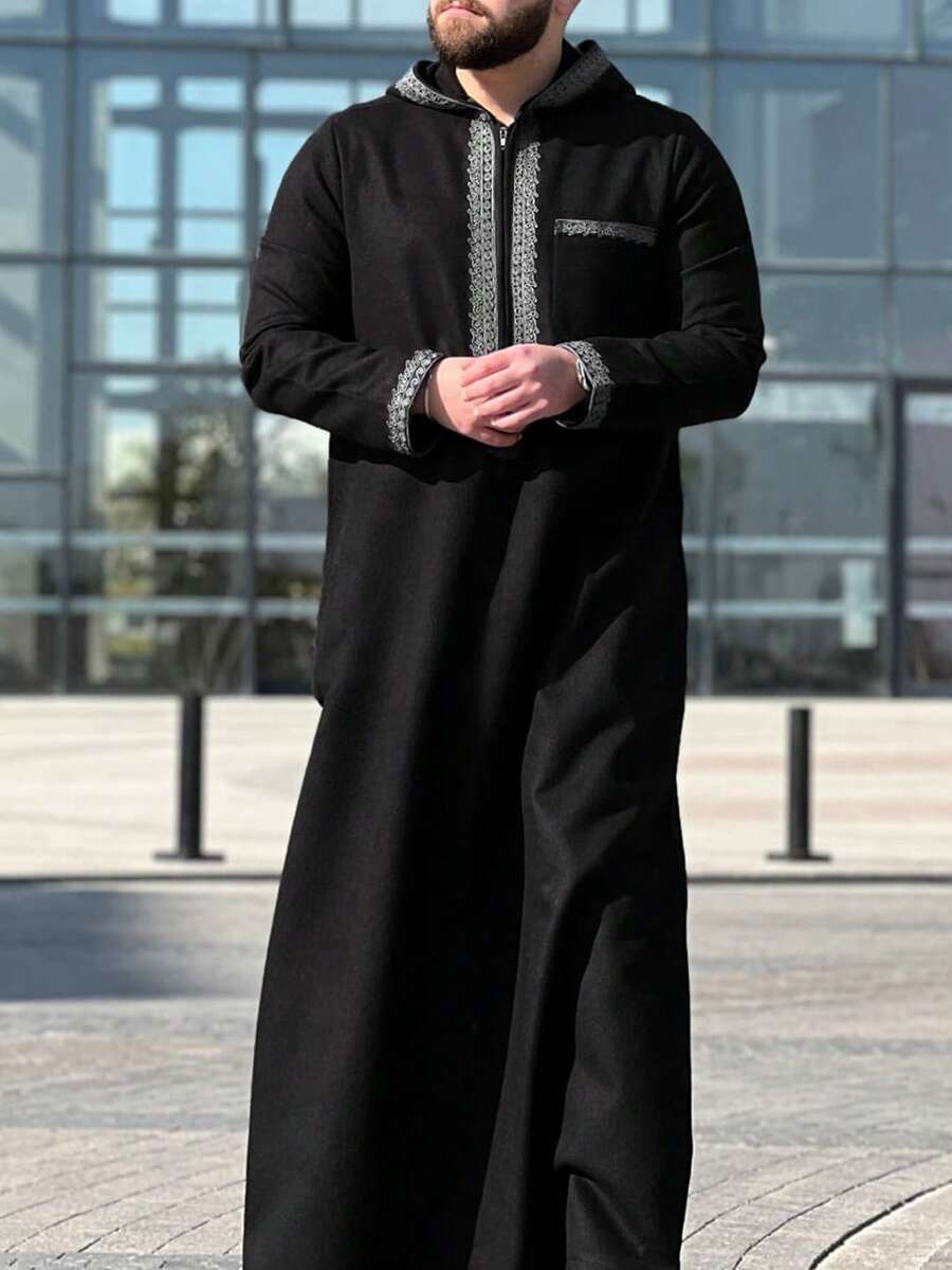 Jubah Tradisional Longgar Lengan Panjang Bordir Berkerudung untuk Pria Muslim Baru, Cocok untuk Acara Festival dan Hadiah - Hitam - View 1