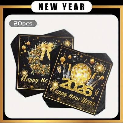 20 guardanapos de champanhe para guirlanda de Ano Novo 2026, pretos e dourados, guardanapos de papel descartáveis de duas camadas, adequados para o Natal, decoração de festa de Ano Novo, decoração de feriados, decoração de mesa, decoração de restaurante, uso em casamentos e festivais