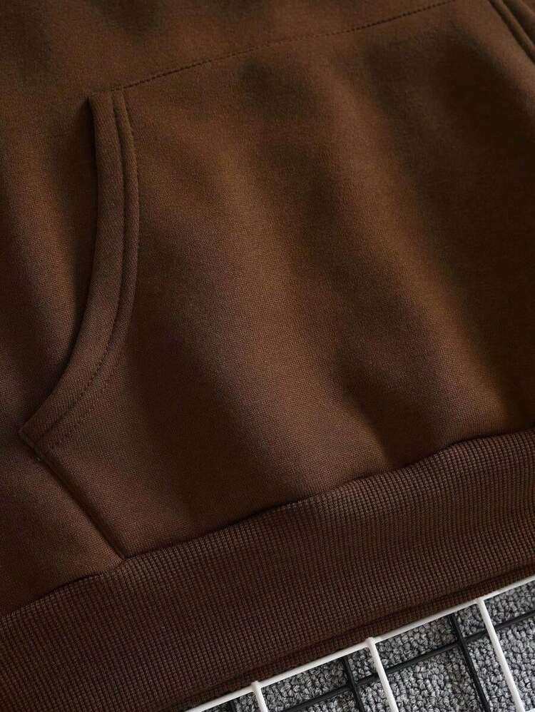 Sudadera Casual de Hombre de Color Sólido con Hombros Caídos, Manga Larga, Bolsillo con Cordón, Otoño/Invierno, Temporada de Regreso a Clases - Marrón - Añade 8