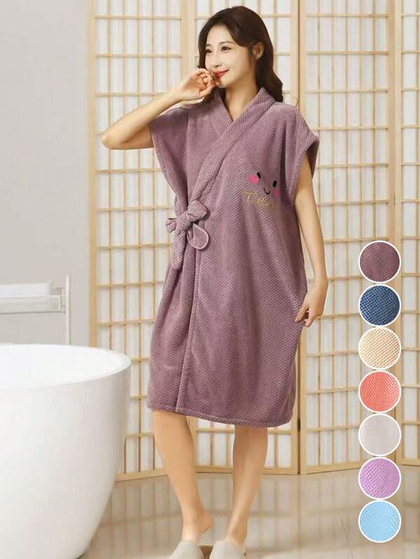 1 Pc Towel Wrap For Women After Shower,Plush Bath Robe Female,Sauna Spa Wrap Around Towels With Belt,Embroidered Robe , Night Robe With Belt For Adult,Soft Absorbent Bathrobe Gift For Women