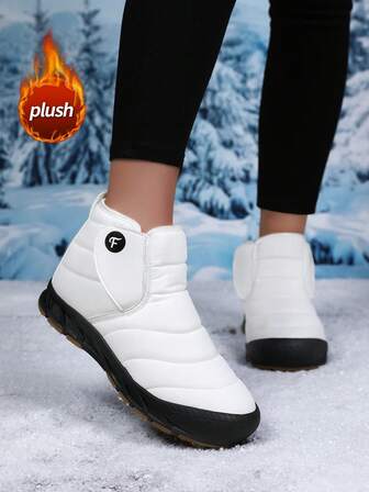 Botas de nieve para mujer, nueva temporada otoño/invierno 2025, de media pantorrilla, forradas térmicamente, gruesas, cálidas, con cierre de gancho y bucle, de unicolor, con pelo, suela de goma, antideslizante, impermeable, botas de piel de moda de alta, para exteriores, todo a juego, botas de invierno para exteriores antideslizantes y cálidas, de color negro y blanco sólido