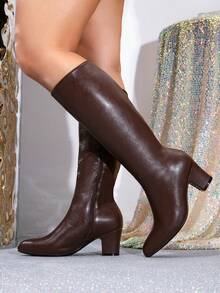 秋冬季宽楦女式欧美时尚舒适高跟粗跟优雅派对及舞会小腿靴 - 咖啡棕 - 查看 6