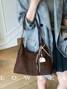 1pc Low Tea Solid Color Suede Fabric Shoulder Bag, Women's Vintage Casual Large Capacity One Shoulder Messenger Bag, Double Handle Design, Zipper Closure, Pleated Design, Magnetic Snap Closure, Suitable For Daily Shopping (Sold With Pendant) - Coffee - View 7