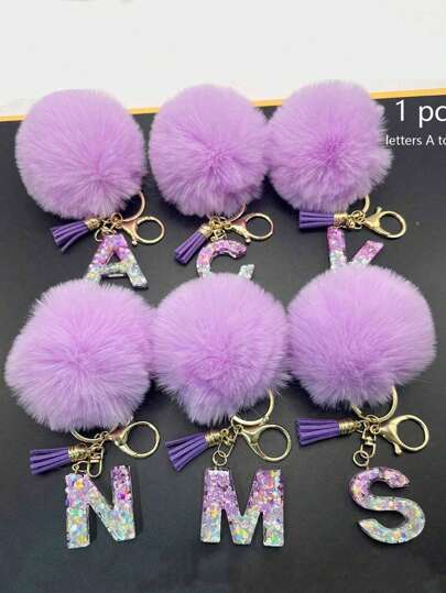 1 peça, chaveiro com letra inicial do alfabeto, fofo, pelúcia, pompom, chaveiro, bolsa, mochila, pingente para pendurar no carro, presente para mulheres e meninas, acessórios para carteira e bolsa, chaveiro com borlas, letra inicial do alfabeto A-Y, acessórios para carro, bolsa, mochila, pingente para escola, gótico, Y2K