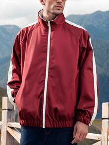 Men's Jacket, Autumn/Winter Men's Stand Collar Windbreaker Reversible Jacket, Color Block Casual Jacket, Campus Style Outerwear - Red - View 3