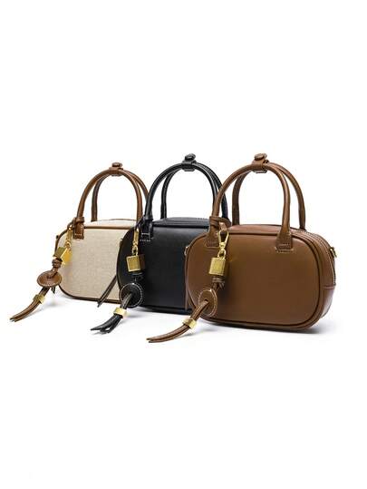 MINI TOPSTITCHED BAG, Wide Strap Women's Vintage Crossbody Bag, Small Tote Ladies Luxury Design Handbags, Solid Color Simple Shoulder Bag, Bags For Ladies Fashionable