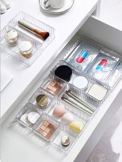 1pc/5pcs Transparent Stripe Storage Box, Built-In Split Cosmetic Storage Box In The Drawer, Dresser, Table Top Skin Care Products Sorting Storage Box, Perfume Lipstick, Eyebrow Pencil, Makeup Brush, Puff Face Cream Lotion, Decorative Storage, Household Storage, Decoration, Holiday Gifts, Christmas, Halloween, Thanksgiving