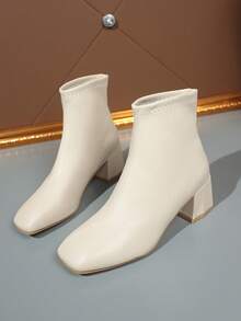 Square Toe Short Ankle Boots For Women, Autumn, Chunky Heel, Fashion Versatile, Soft Leather, Elastic Ankle Boots, High Heel - Beige - View 6