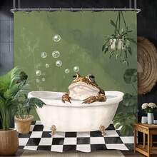 Funny Cute Frog Bathroom Shower Curtain, 66x72 Inch, Animal Plant Leaves Polyester Fabric Waterproof Bathroom Decor - Ếch xanh - Xem 3