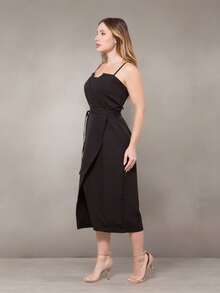 WUUW Tailored Midi Dress With Slit, Long Plain Casual Dress With Straps, Bow Detail, Simple, Zipper, Formal And Evening - màu đen - Xem 5