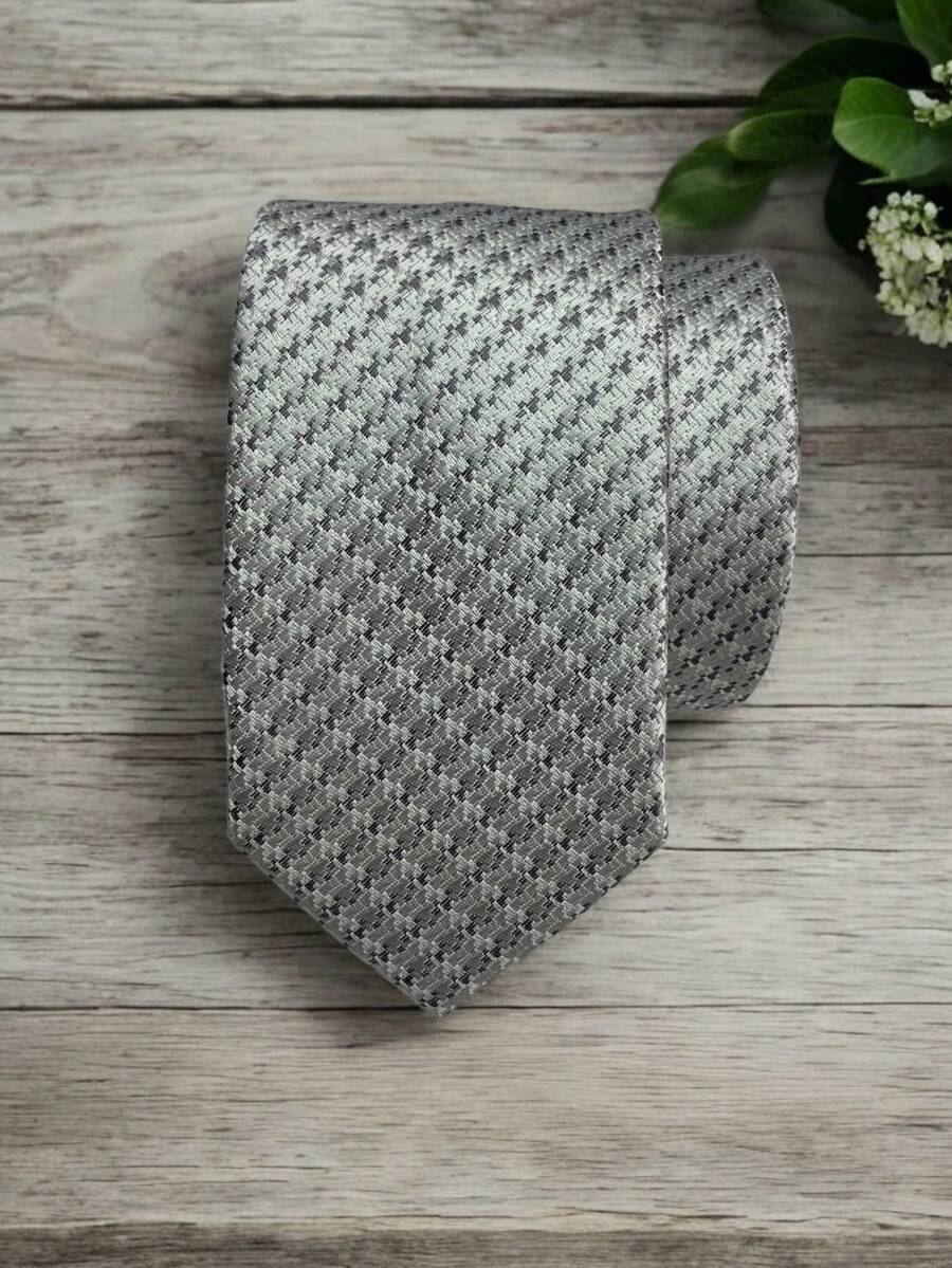 Luxury Men's Skinny Tie Polyester Silk Solid Color Polka Dots Slim Jacquard Groomsmen Tie - 銀色 - 查看 1