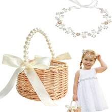 1pc Willow Flower White Bow Pearl Flower Girl Basket, Simple And Beautiful, Suitable For Baby Shower, Baby Birthdays, Gender Disclosure Celebrations, And Festival Celebrations