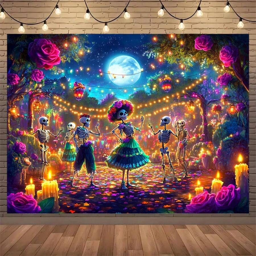 2D Flat 1pc Classic Polyester Day Of The Dead Banner, Floor Standing, Multipurpose, No Electricity Needed, Vibrant Skeleton & Mexican Costume Design, Suitable For Garden Party And All Season Outdoor Decor