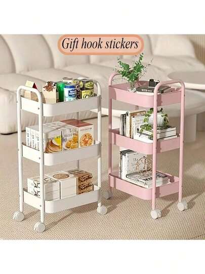 Carrito de almacenamiento con 3 niveles (rosa/blanco/negro) con cerradura - Organizador versátil para cocina, baño y dormitorio | Estructura de metal resistente, cestas extraíbles, diseño compacto, esencial para volver al colegio, organizador de baño | Organizador compacto | Distribución de carga segura, almacenamiento debajo de la cama