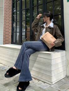 复古风格大口袋牛仔喇叭裤 - 復古藍色 - 查看 5